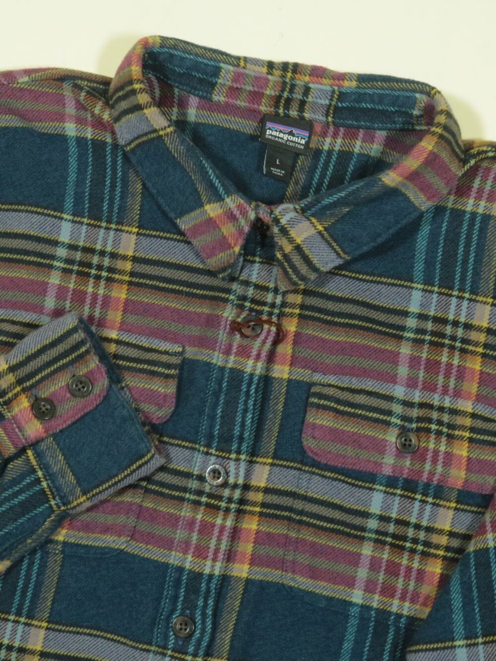 Patagonia Fjord Flannel Shirt Womens L Blue Magenta Plaid Organic Cotton